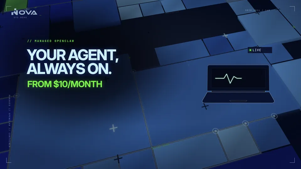 Animated tour of Nova OpenClaw Hosting: your agent stays live while the laptop sleeps